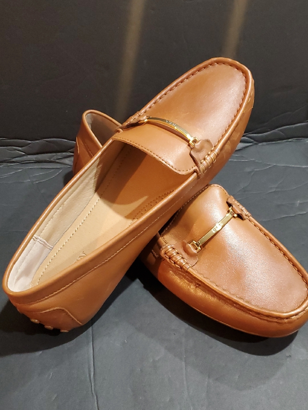 Ralph Lauren Briony Deep Saddle Tan gold logo Leather Driver Loafers size 10 new